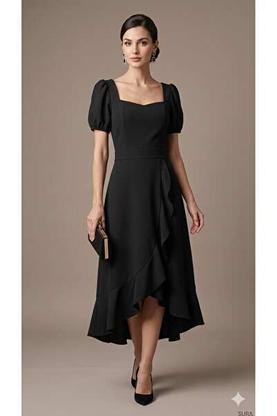 Sublime Butik Γυναικείο κοντομάνικο φόρεμα με λεπτομέρεια από κορδόνια, μαύρο...