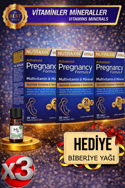 Nutraxin 3 Adet Pregnancy Formula-(21 Vitamin&Mineral) 30 Adet Tablet + HEDİY...
