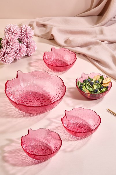 Lora Bianca Grania 5 Piece Pomegranate Shape Glass Salad/Fruit/Presentation Serving Bowl Set
