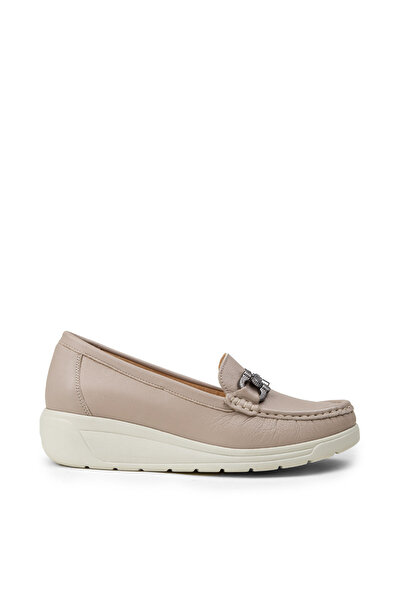 Deery Women's Genuine Leather Beige Wedge Heel Loafer