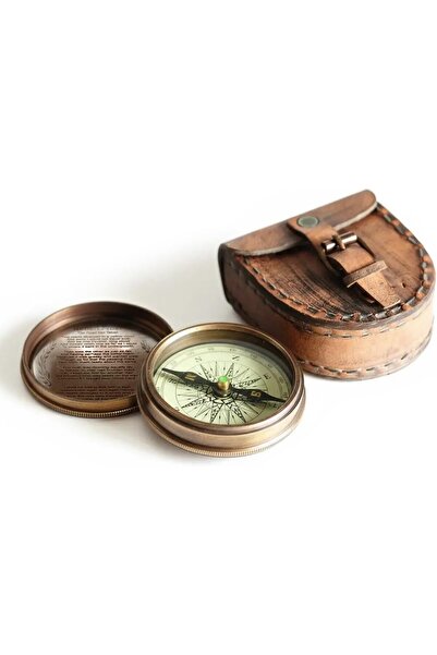 Generic Antique Brass Poem Compass with Leather Case
