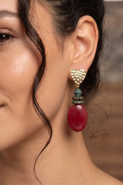 PETEK AKSESUAR Natural Stone Design Coral Earring Red