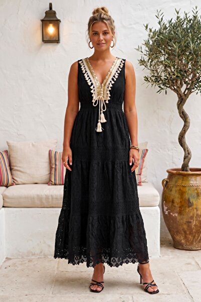 Chiccy Ιταλικό μαύρο φόρεμα με λαιμόκοψη V, αμάνικο, με επένδυση, με παγιέτες...