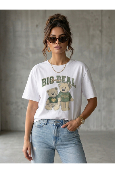OEM Women's oversized white Cotton T-shirt with green bear, S/M