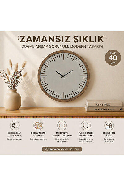 ERGEÇ TASARIM 40 cm Minimalistički drveni zidni sat – uokviren belim i atlant...