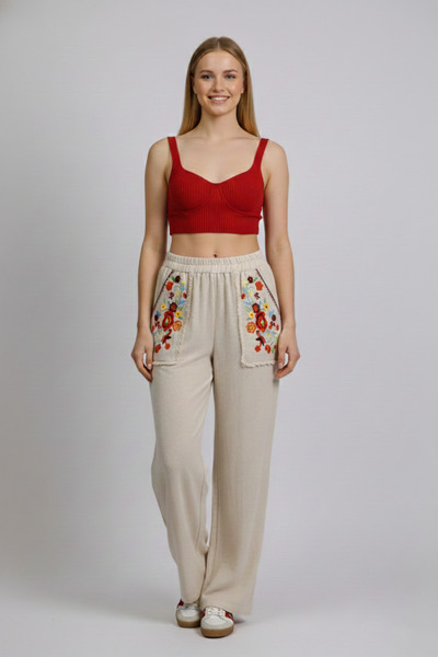 Eliş Şile Bezi Παντελόνι από λινό με ελαστική μέση, με σχέδιο λουλουδιών, αυθ...