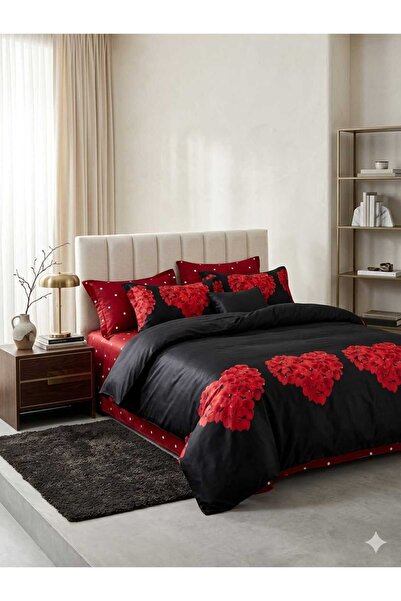 OEM Σετ διπλής παπλωματοθήκης FINET 6 τεμαχίων, σχέδιο κόκκινες καρδιές σε μα...