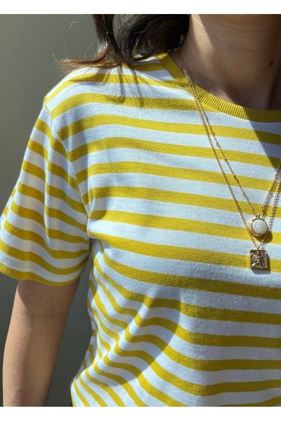 Elegant Design Yellow/White 100% Cotton Striped T-Shirt