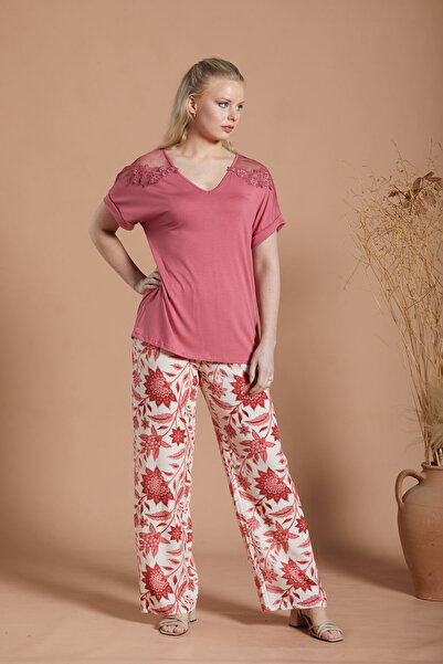 İPEKMOOD Dusty Rose Colorblouse Knitted Viscose Lycra / Trousers Woven Viscos...