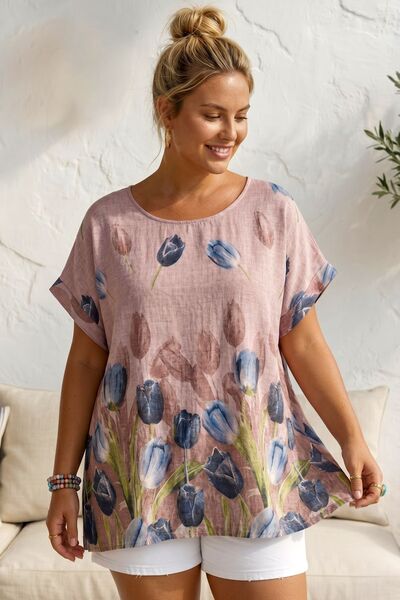 Chiccy Ιταλική παστέλ ροζ μπλούζα με λαιμόκοψη πισίνα, χαμηλό μανίκι, λουλουδ...