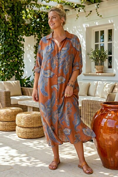 Chiccy Ιταλικό πορτοκαλί πουκάμισο με γιακά, μανίκι 3/4, με σχέδιο σάλι, με κ...