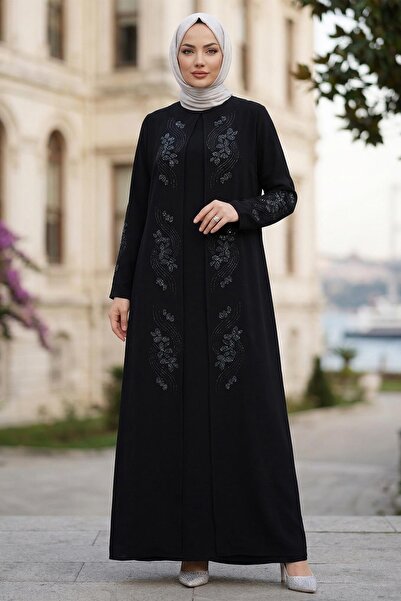 hafsamina Floral Stone Embroidered Stylish Hijab Mother Dress Black Hm2905