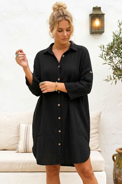 Chiccy Μαύρο πουκάμισο με γιακά, 3/4 μανίκια, κρυφές τσέπες με κουμπιά, πλένε...