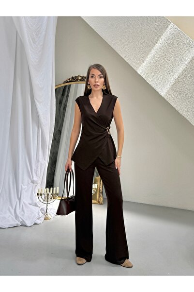 MODAMERSİ Γυναικείο Καφέ Σετ με Λεπτομέρεια Αξεσουάρ και Διπλό Στήθος από Ύφα...