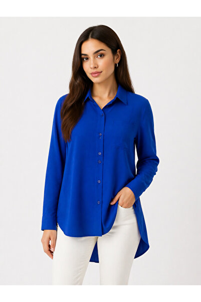 Nuevo Women's Saks Blue Shirt Long Sleeve Buttoned Relaxed Fit Tunic Shirt -