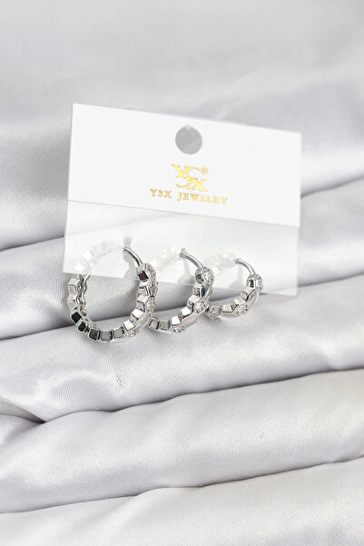 özssa Brass Silver Color Zircon Stone Honeycomb Hoop Model Ysx Trio Earring Set