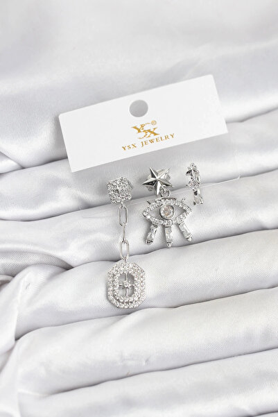 özssa Brass Silver Color Eye and Polar Star Model Ysx Trio Earring Set