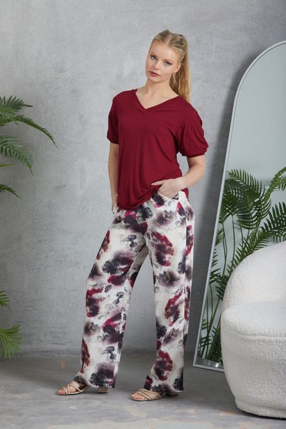 İPEKMOOD Blouse with Lace Detailing on the Back, Lycra Knitted Viscose / Trousers with Woven Viscose Without Lycra, Patterned, Elastic Waistband Set