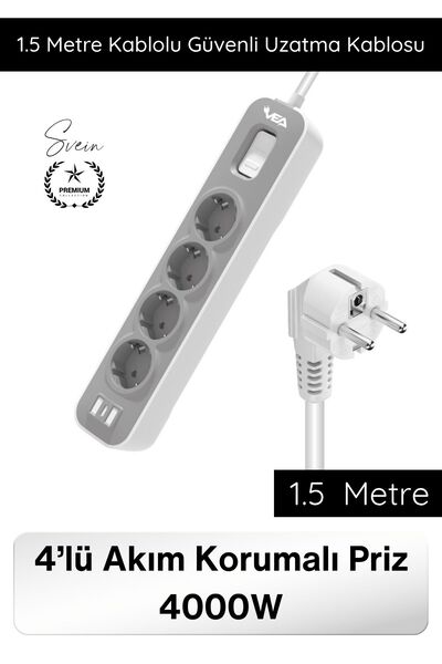 Svein #UzatmaKablo 4’lü Akım Korumalı Priz 4000W 1.5 Metre Kablolu Çoklu Priz...