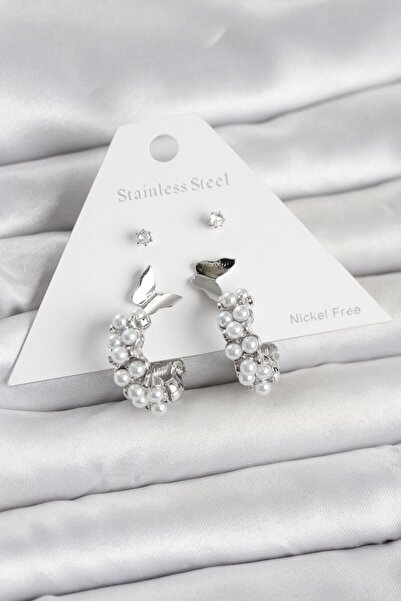 Clariss Brass Silver Color Butterfly Detailed Women's Earring Set