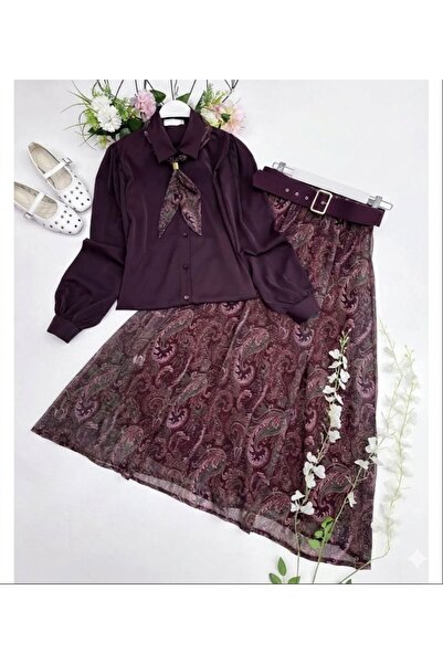 modasindoma Σετ με πουκάμισο, φουλάρι και λεπτομερή φούστα με ζώνη