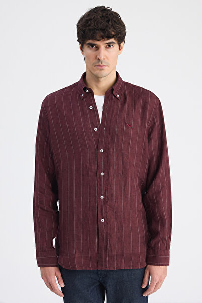 D'S Damat Ds Damat Comfort Burgundy Striped Shirt