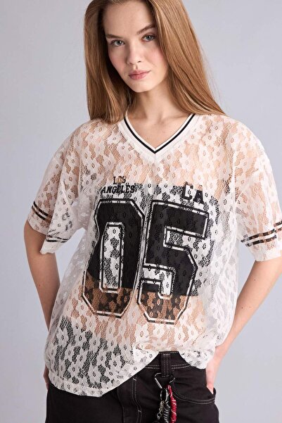 DeFacto Υπερμεγέθη μπλουζάκι με στάμπα V-λαιμόκοψη και κοντό μανίκι H6962AX26SM