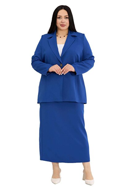 DISENTIS MODEST Plus Size Single Button Jacket Skirt Saks Blue Two-Piece Set