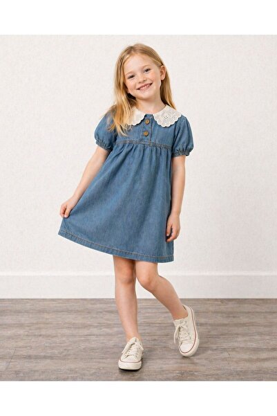 YİGİT BUTİK Κοριτσίστικο τζιν φόρεμα με δαντελωτό γιακά, κομψό καθημερινό φόρεμα