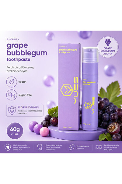 YUES Fluoride+ Grape Bubblegum Toothpaste Üzüm Aromalı Beyazlatıcı Diş Macunu