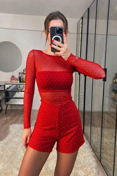MAESTRO WOMAN Bluză de damă din tul elastic transparent, roșu piatră