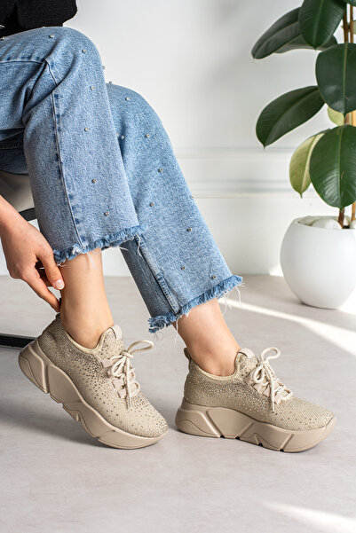 KOTAN Μπεζ λαμπερή πέτρα με λεπτομέρειες - Casual γυναικεία αθλητικά παπούτσι...
