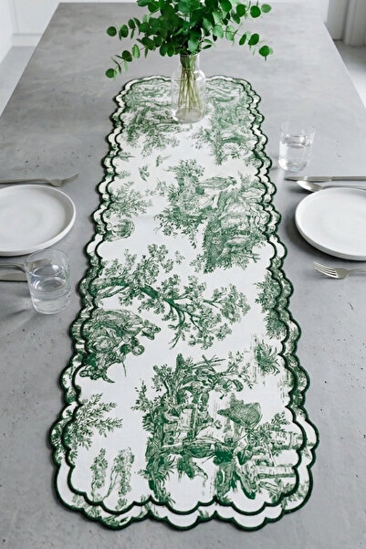 SUFFRA Vintage Yeşil Fransız Köy Desenli Runner (112x38 cm)
