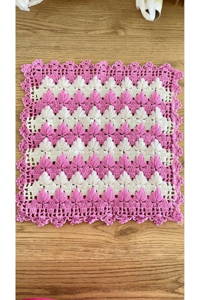 DH NATURAL El Örgüsü Kabartmalı Yaprak Desenli Çeyizlik Kare Lif - Pembe Beya...