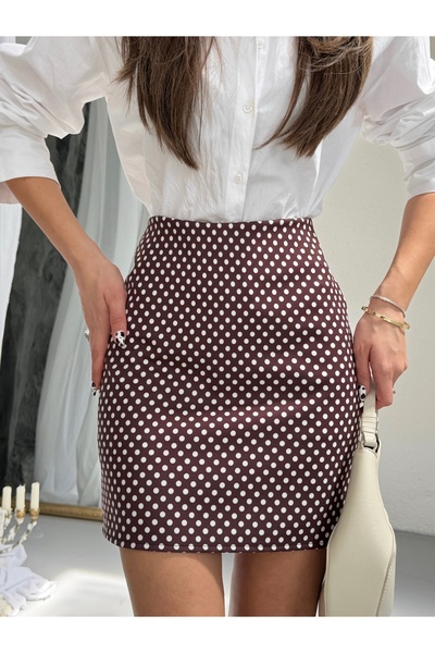vipelmoda Kadın Polka Şortlu Astarlı Kahverengi Puantiye Dokuma Mini Etek