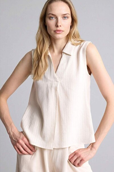 DeFacto Κανονική εφαρμογή πουκάμισου με γιακά από λινό, μπλούζα με κοντό μανί...