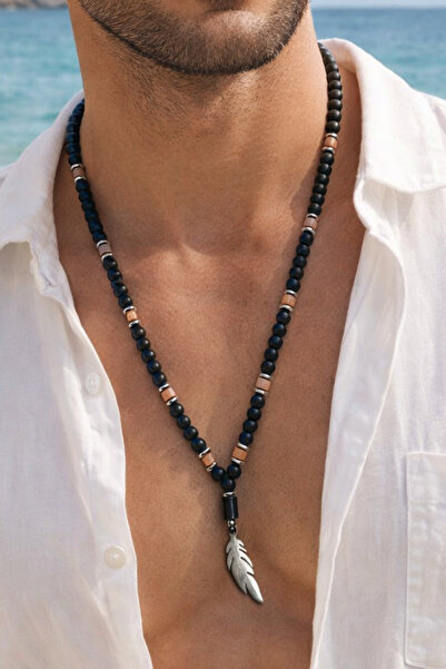 Otto Man Steel Jewelry Oniks Ve Hematit Taşlı Tüy Uçlu Siyah Gümüş Tonlu Erke...