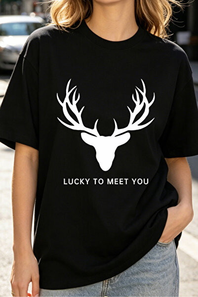 Fleck تي شيرت نسائي بتصميم رأس الغزال Lucky To Meet You بتصميم مطبوع برسومات ...