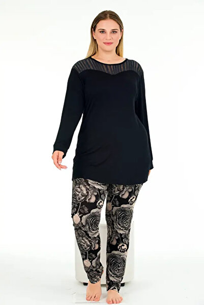 AZRA BUTİK Σετ πιτζάμες με μακριά μανίκια, λεπτομέρεια από τούλι και λαιμόκοψ...