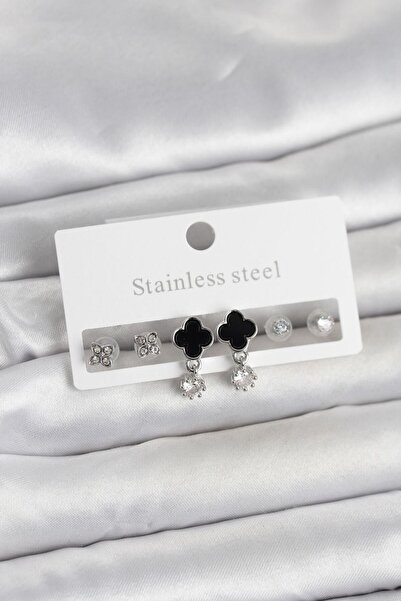 Clariss 316L Steel Silver Color Clover Detailed Women's Earring Set