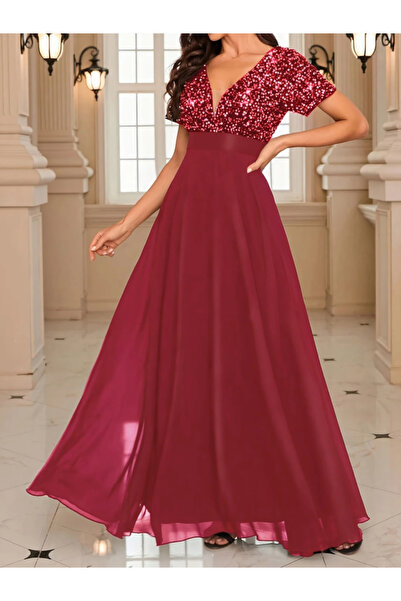 JANES Γυναικείο κοντομάνικο φόρεμα παράνυμφος με βαθύ λαιμό V σε γραμμή A-Lin...