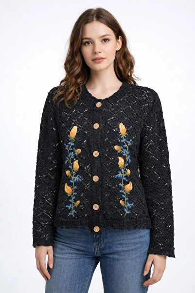 TATULA Openwork Detailed Floral Embroidered Buttoned Cardigan