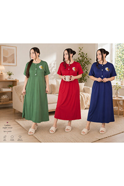LINELLE Ladies Nightwear 3 Pcs Combo Set, Green Red & Blue