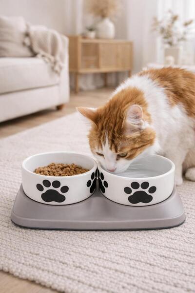 NitruDesign Premium Yükseltilmiş İkili Seramik Kedi Mama ve Su Kabı