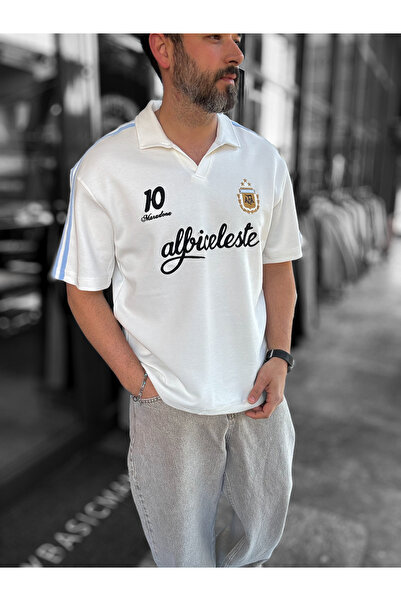 BYBASICMAN Λευκό μπλουζάκι με έμβλημα Αργεντινής με δύο κλωστές RES-1059