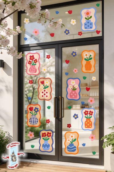 MSticker Çif Taraflı Baskılı Renkli Çiçekli Vazo Duvar Sticker Seti – 68 Parça, 9 Model, Çocuk Salon Dekor
