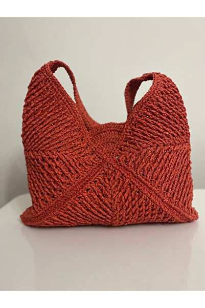 LUCK Kadın Yanık Turuncu Hasır Omuz Çantası (34cmx34cm)
