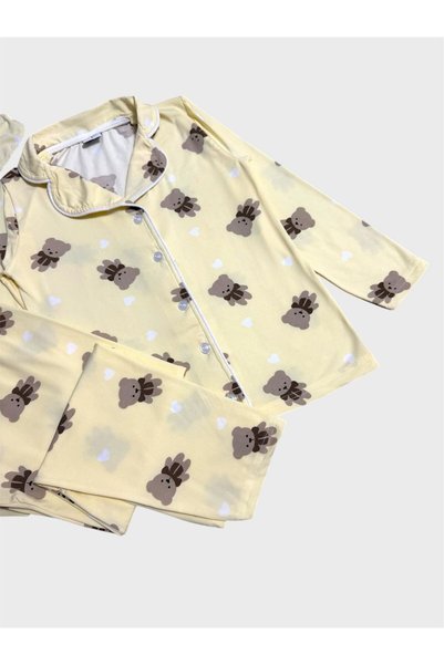 tusem butik homewear Cotton Yellow Teddy Bear Patterned Shirt Collar Sleep Band Buttoned Long Sleeve Seasonal Pajama Set Suitable for Girl and Mother