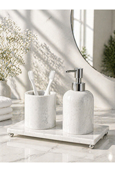 TAYTECH Ömür Hırdavat Beyaz Mermer 3 Parça Banyo Seti – Şık ve Modern Sabunlu...