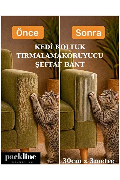 Packline Marketing Packline Kedi Koltuk Tırmalama Koruyucu Şeffaf Yapışkanlı Mobilya Tırmalama Önleyici Bandı 30cm x 3m